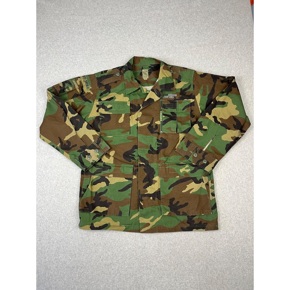 Vintage Storm F-16C Military‎ Jacket Mens L Woodland Camo Ripstop Button Up